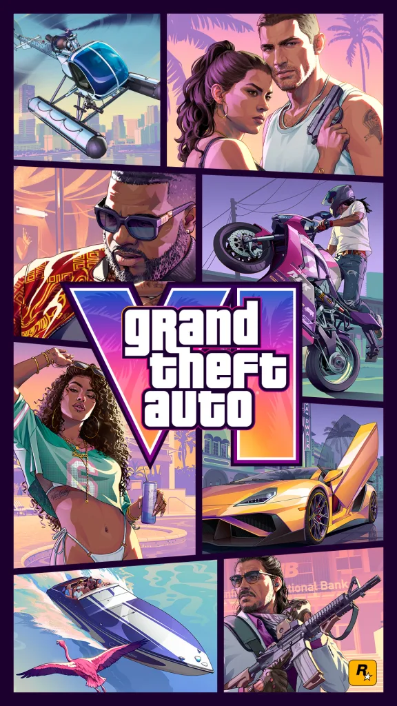 Capa Oficial de GTA 6 com vários quadros mostrando pessoa e situações do jogo.