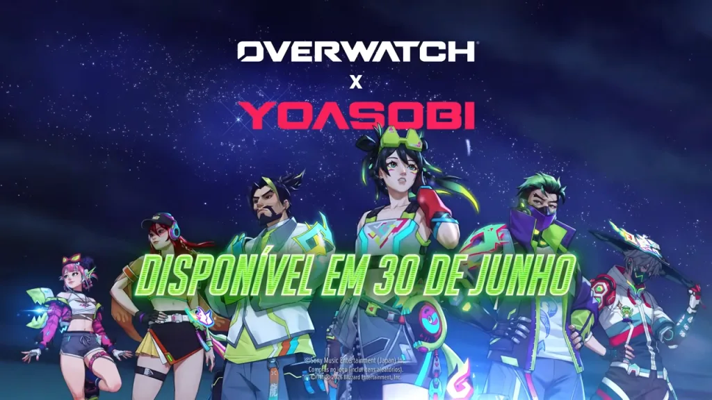 Imagem de Overwatch x Yoasobi com Anran, Mizuki, Genji, Hanzo, Juno e Kiriko.