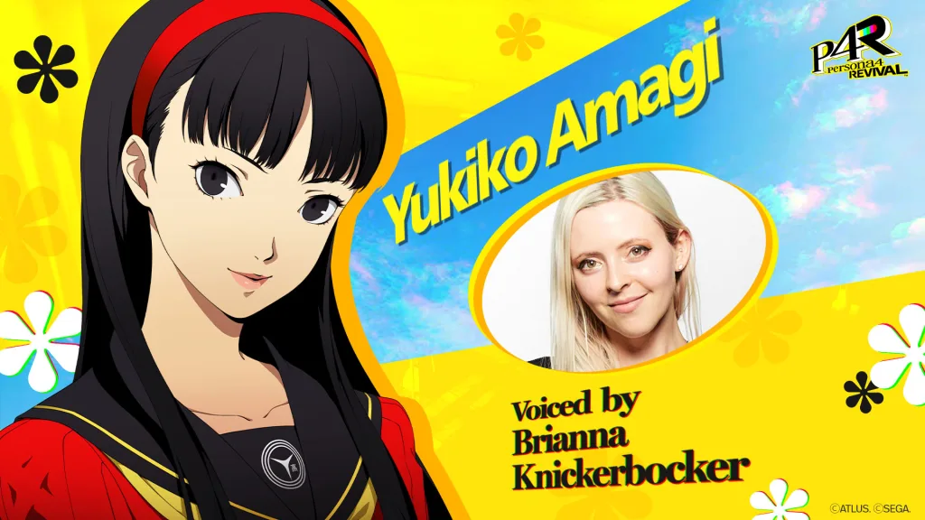 Imagem de Yukiko Amagi e da Dubladora Brianna Knickerbocker.