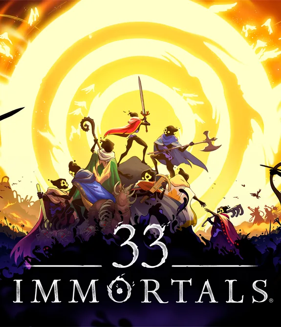 Capa de 33 Immortals com vários personagens em cima de um monte sendo cercados por criaturas.