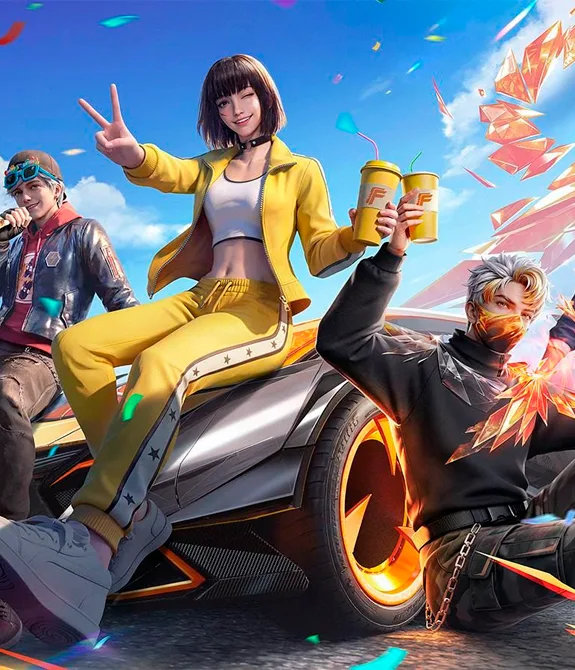 Imagem do 9º aniversário de Free Fire com personagens em um parque de diversões e o número 9 no céu.