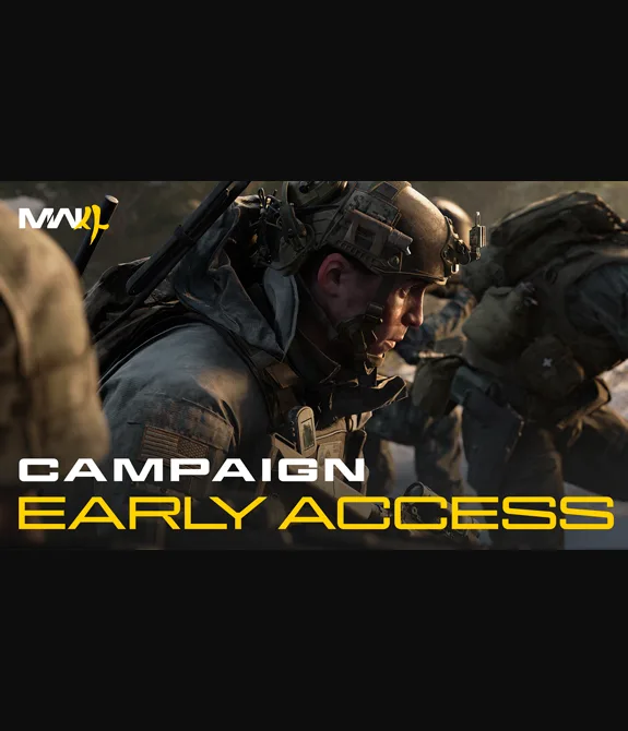 Soldados dos estados unidos em conjunto com a logo de Call of Duty Modern Warfare 4 e as escritas de "Campaign Early Access".