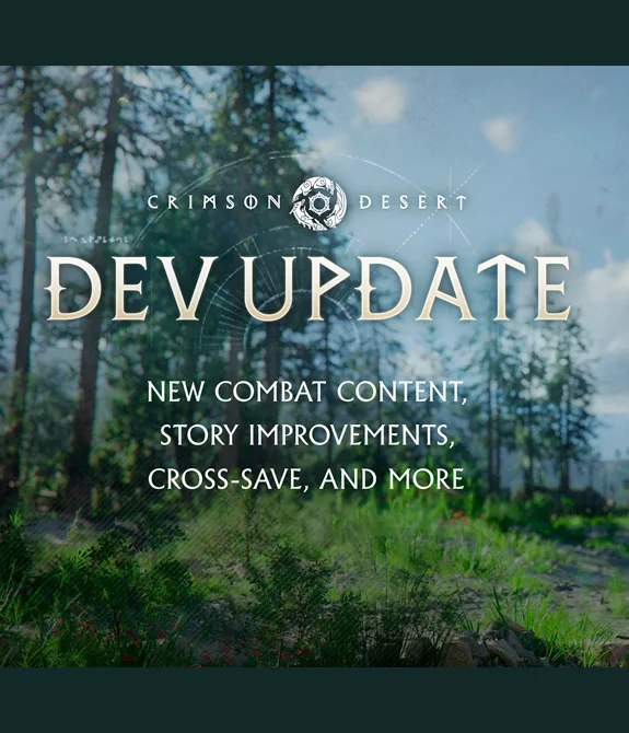 Bandeira dos Greymanes fincada no chão em meio ao acampamento na floresta e a logo de Crimson Desert com as palavras DEV Update.