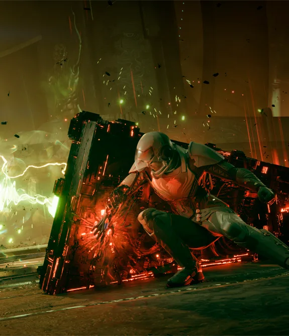 Imagem de Exodus com o personagem Jus Aslan atrás de uma proteção lutando contra um robô.