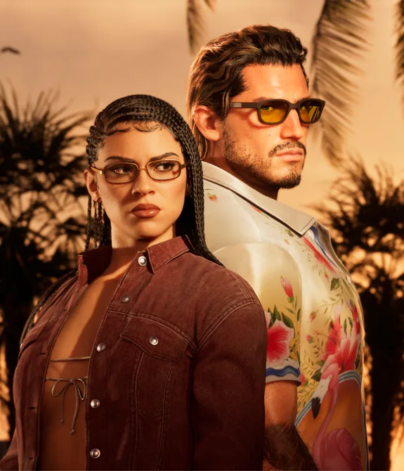 GTA 6 com preço oficial e imagens novas, incluindo essa com Jason e Lucia na Golder Hour de Vice City com palmeiras ao fundo.