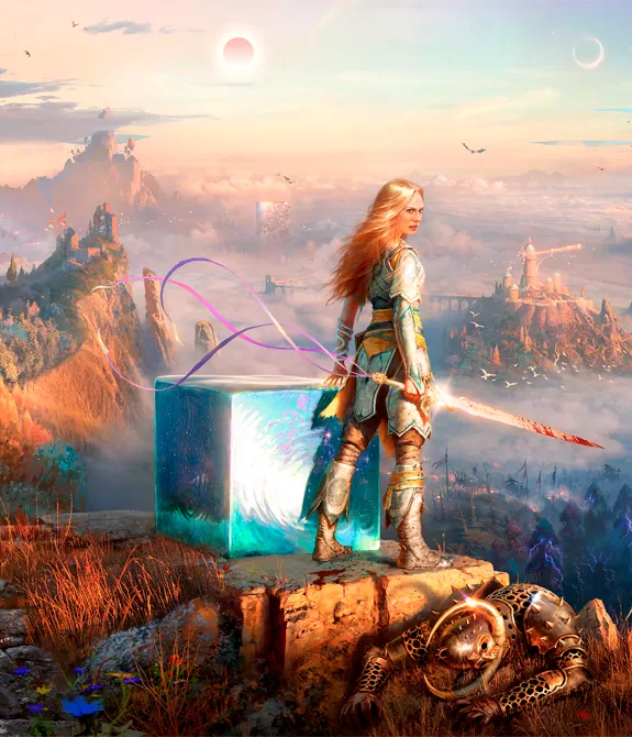 Capa de God of War Laufey com Faye, Phrank e Rue em cima de monte observando o Everywhen.