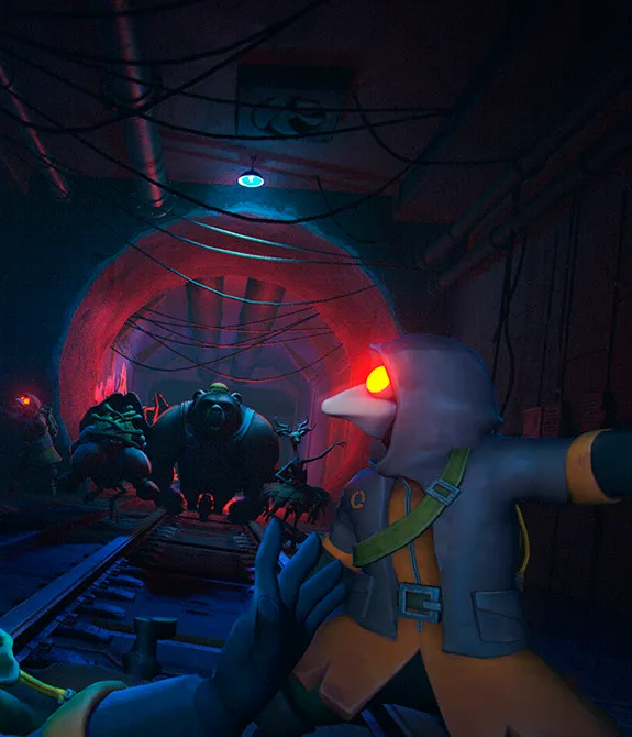 Personagens de MIMESIS em túnel olhando muitos monstros se aproximando.