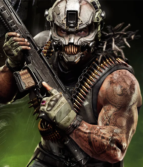Personagem da Temporada 4 Call of Duty correndo em direção a tela com arma em punho. Fundo preto e verde.