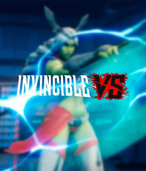 Ao fundo imagem desfocada de Universa e à frente logo de Invincible VS.