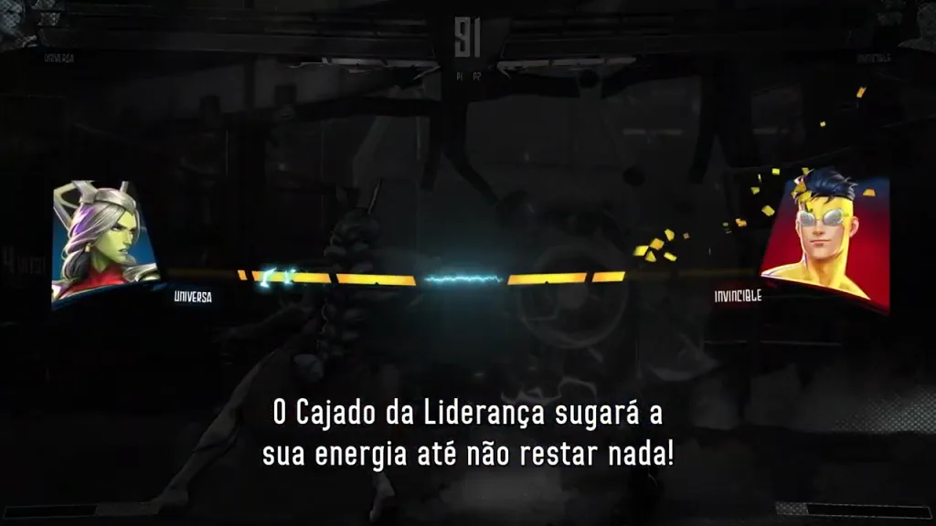 Imagem com Universa e Invencible em combate e o poder do Cajado da Liderança drenando a barra do adversário.