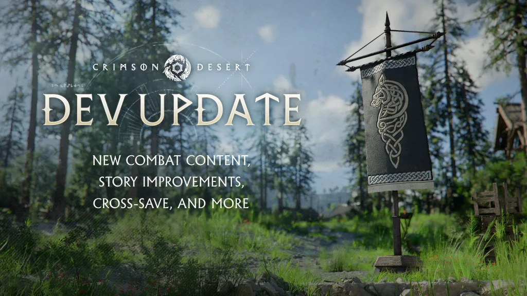 Bandeira dos Greymanes fincada no chão em meio ao acampamento na floresta e a logo de Crimson Desert com as palavras DEV Update.