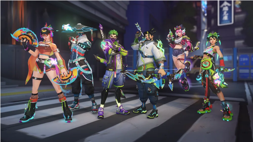 Skins de Overwatch x Yoasobi com Anran, Mizuki, Genji, Hanzo, Juno e Kiriko.
