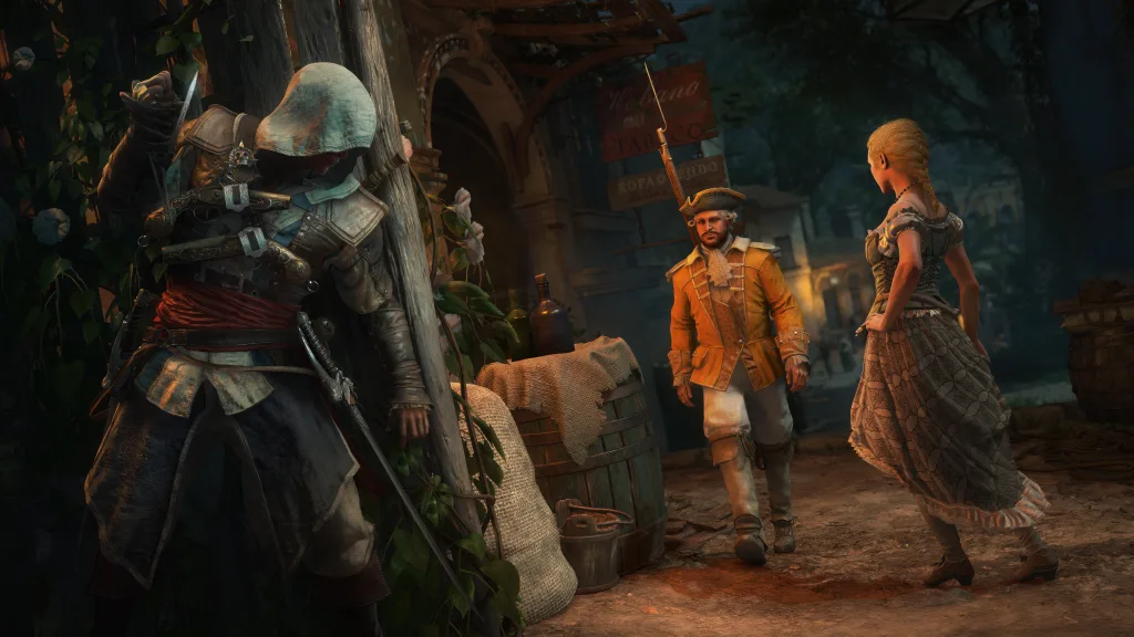 Edward Kenway se escondendo pronto para atacar o inimigo.