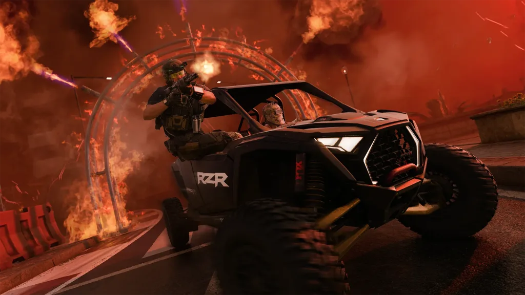 2 Operadores na Temporada 5 de Call of Duty em carro com explosivos.