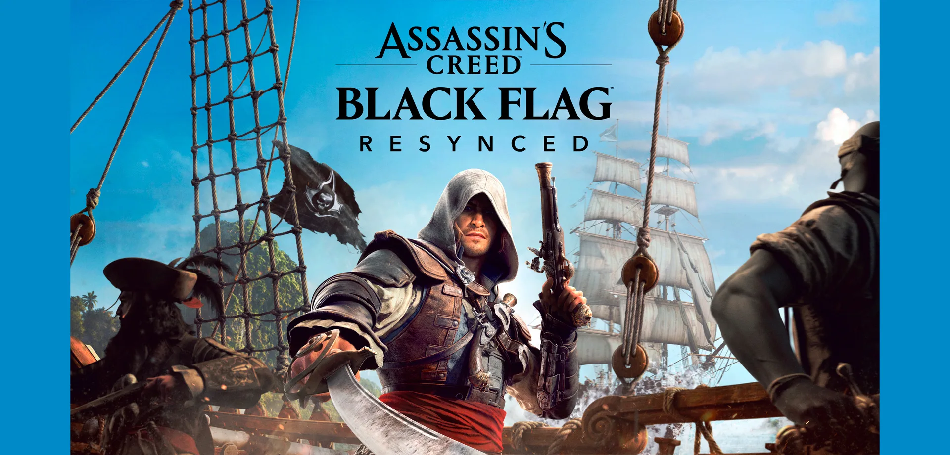Edward Kenway e outros piratas em barco e de dia em Assassin's Creed Black Flag Resynced.