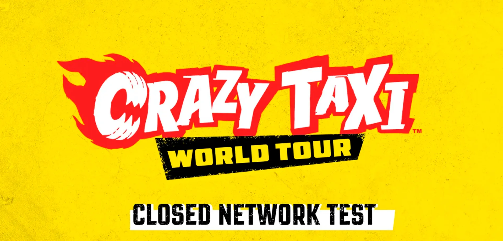 Logo de Crazy Taxi: World Tour do Teste de Rede Fechado com fundo amarelo.