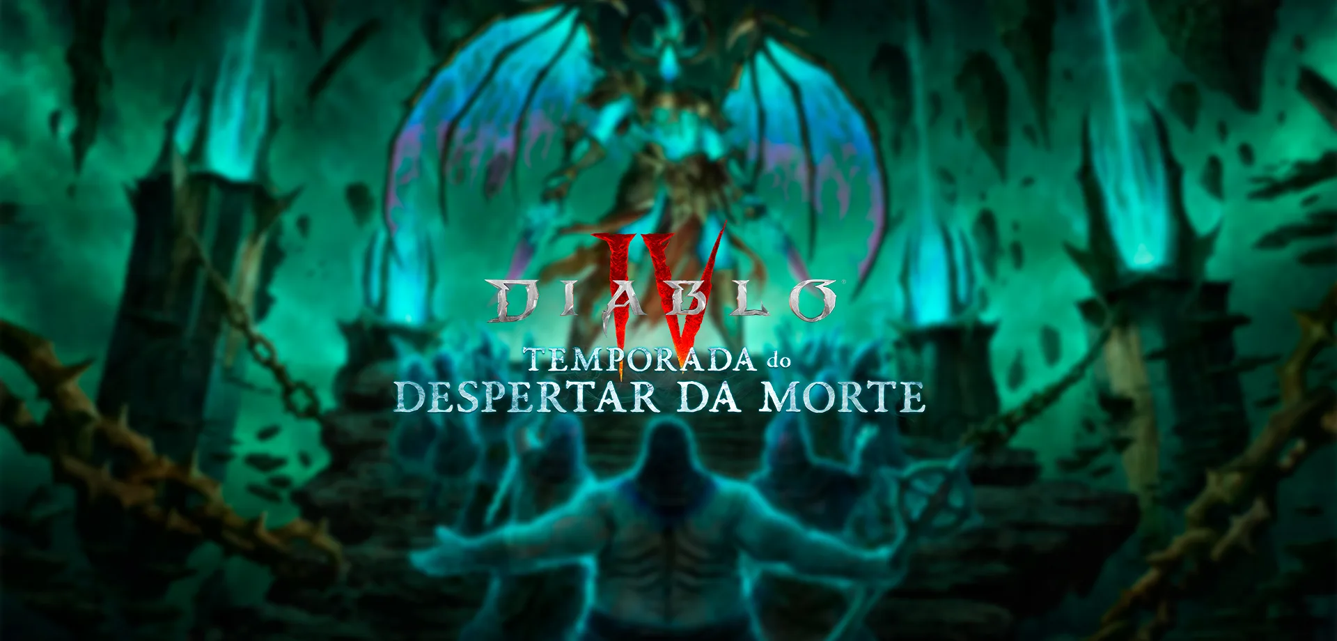 Imagem borrada do novo chefe e novos inimigos e à frente logo de Diablo IV Temporada do Despertar da Morte.