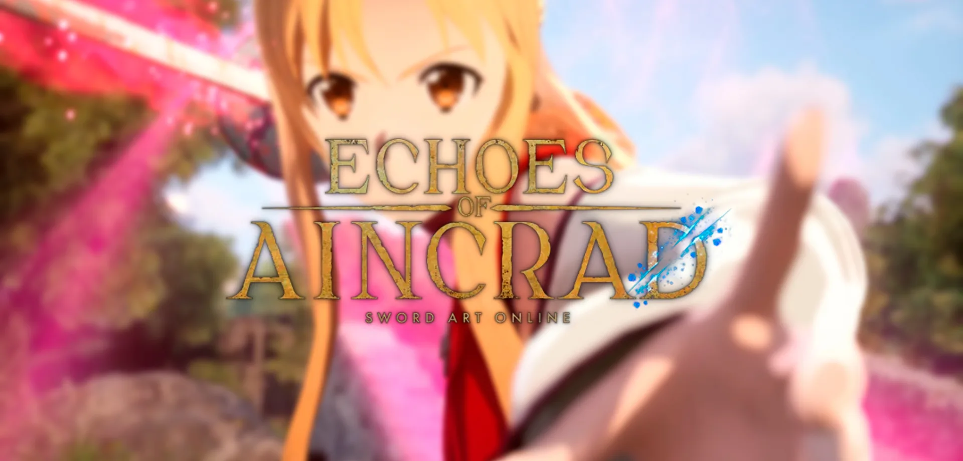 Capa com logo de Echoes of Aincrad e fundo borrado de personagem mulher em pose de luta com espada.