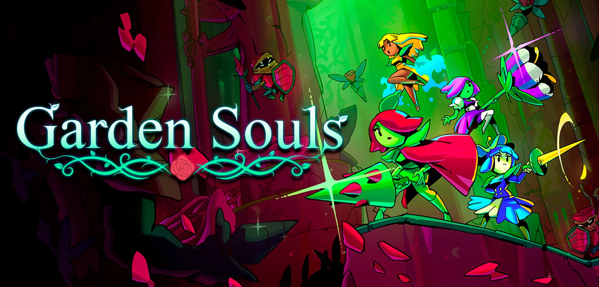Garden Souls tem página oficial no Steam, imagem do jogo com personagens flores em posição de combate.