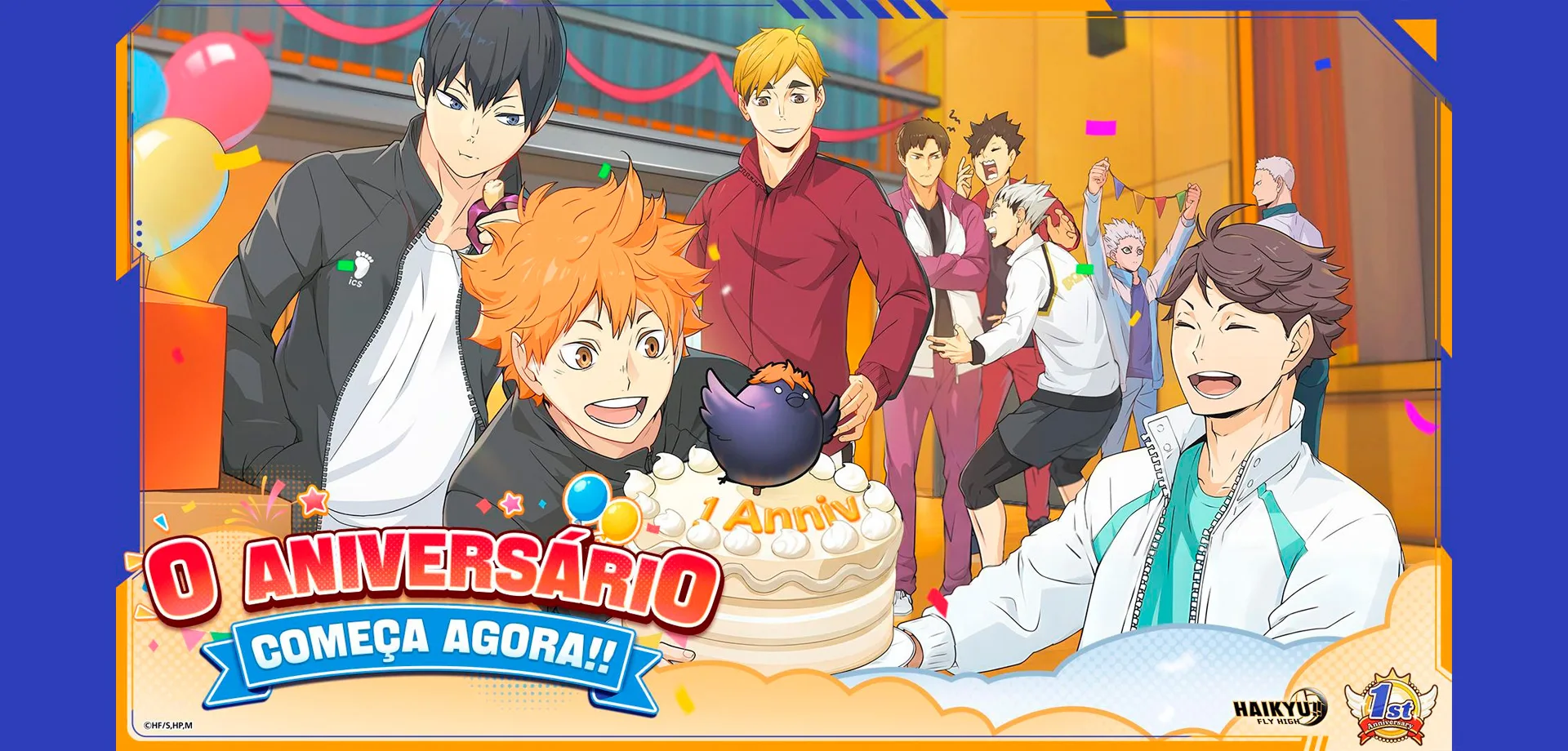 HAIKYU!! FLY HIGH em imagem de aniversário de 1 ano com jogadores e bolo.