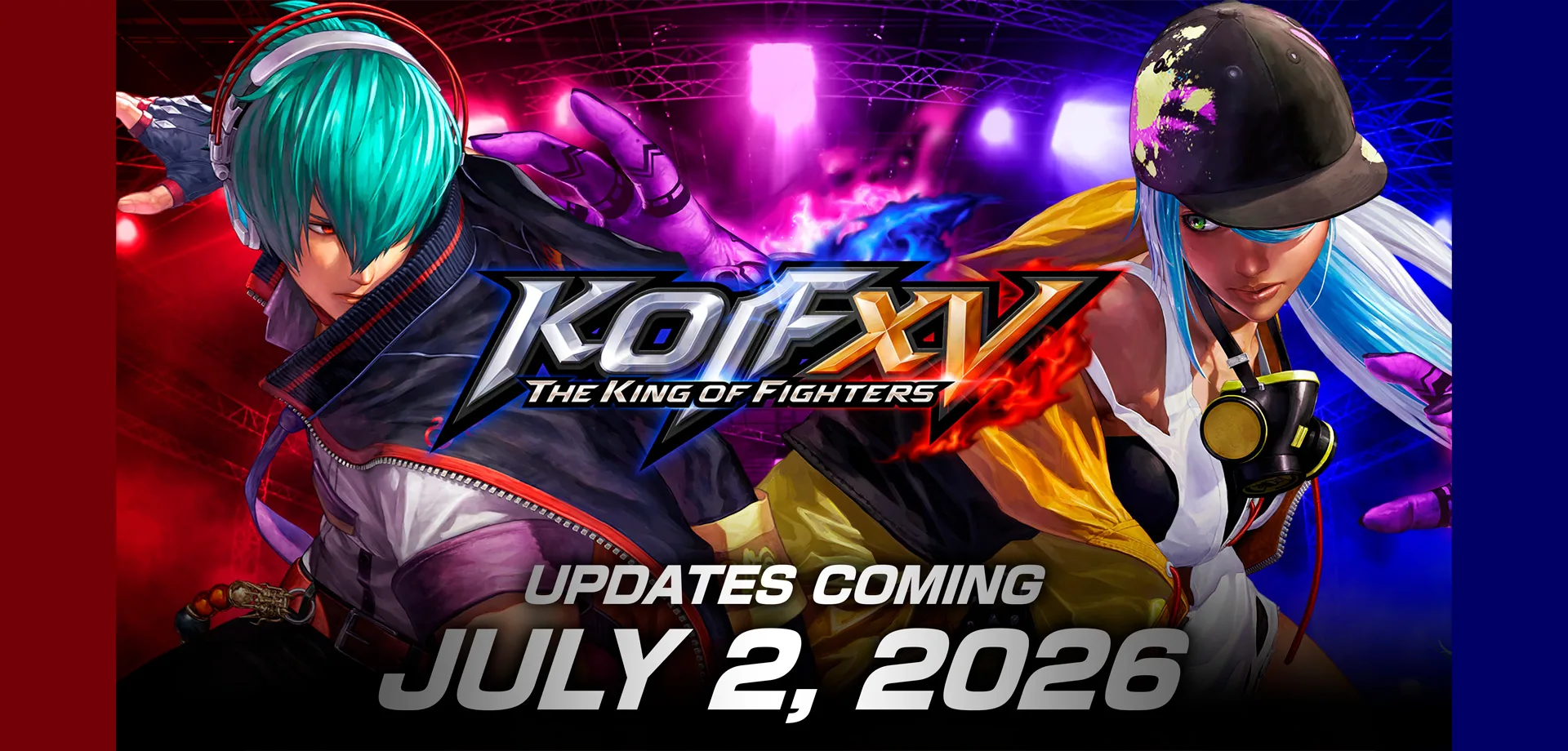 THE KING OF FIGHTERS XV com Shun'ei e Isla atrás da logo do jogo.