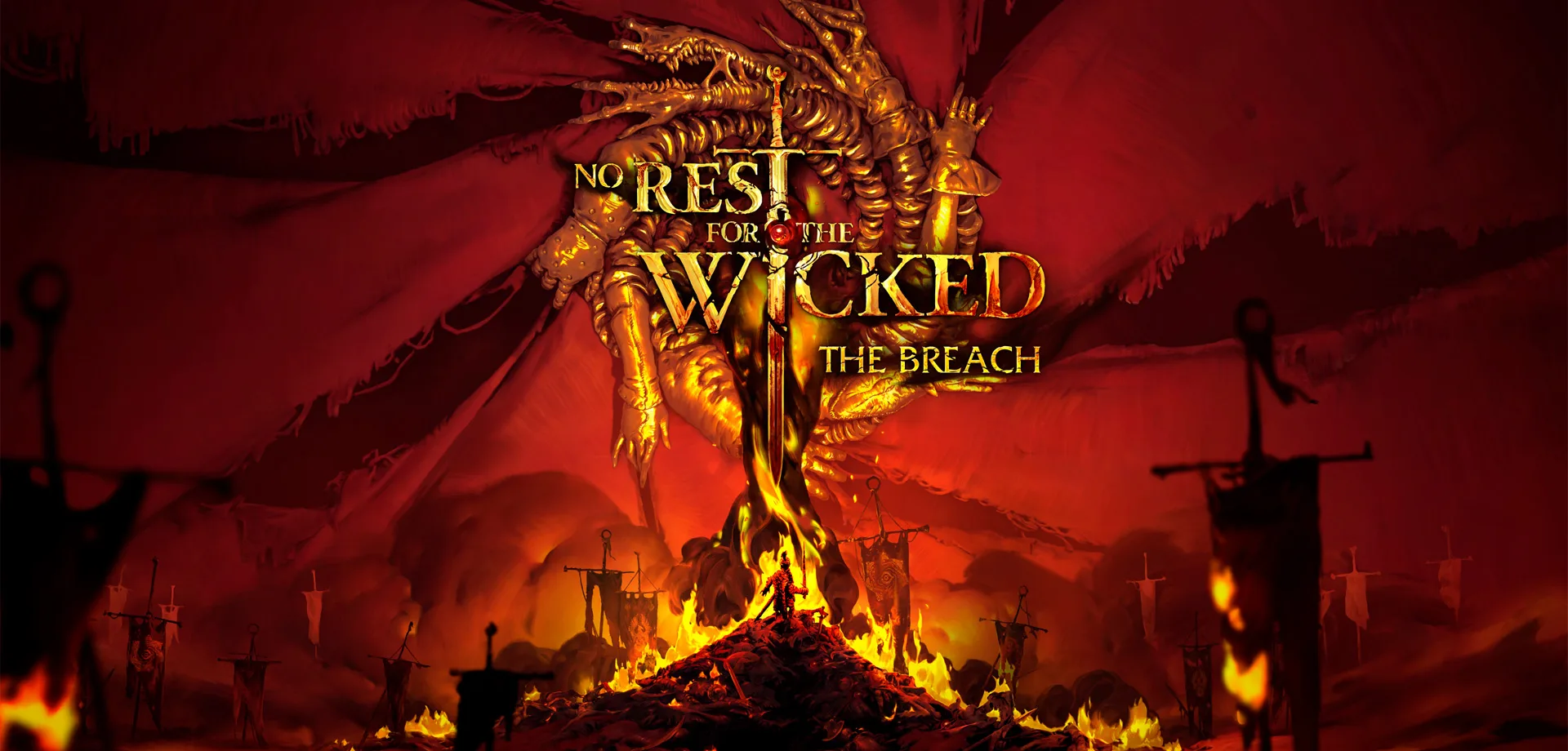 Logo de No Rest for the Wicked com local cheio de estandartes e coloração vermelha, além de fogo.