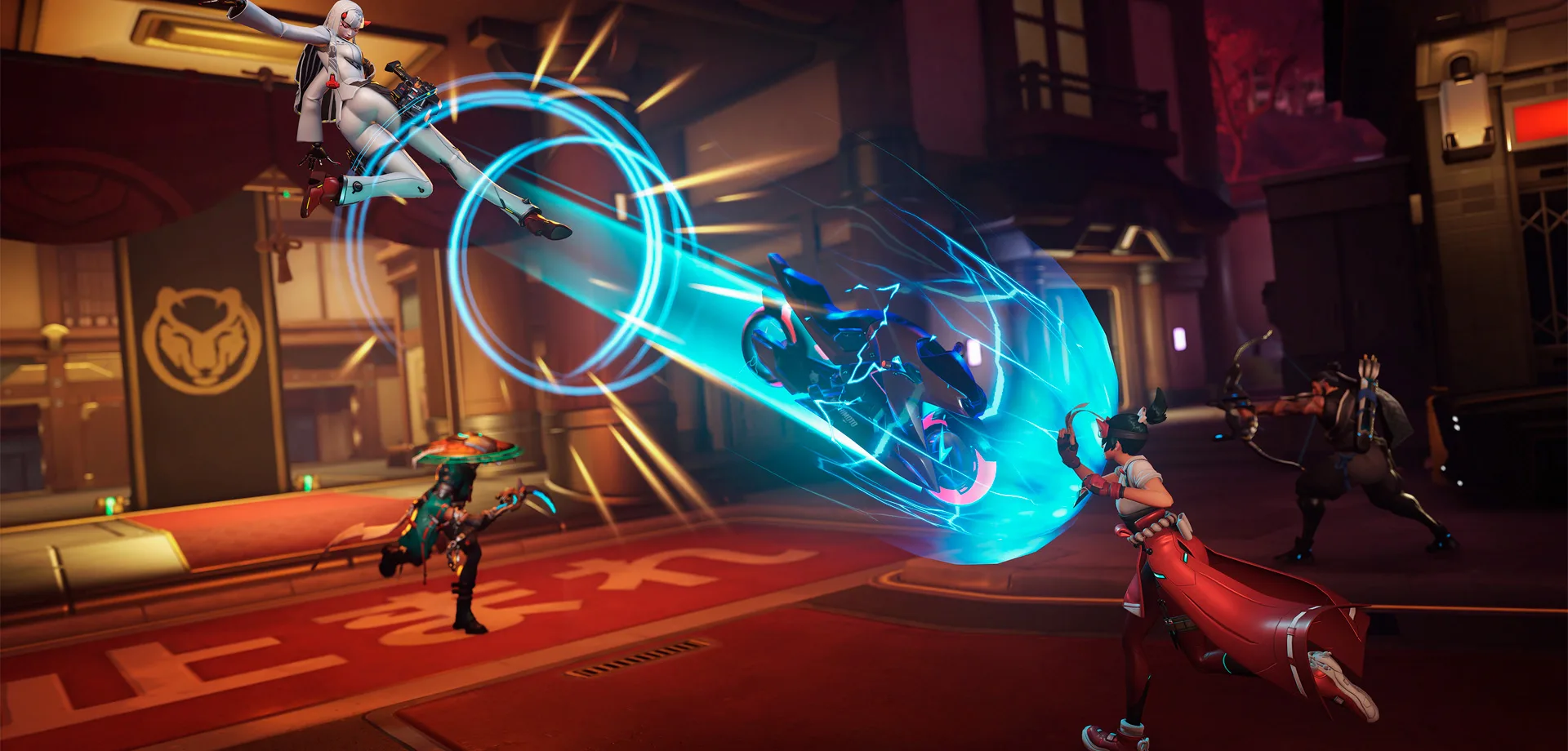 Overwatch Temporada 3 com imagem de Shion em Junção Neon lutando com outros personagens.