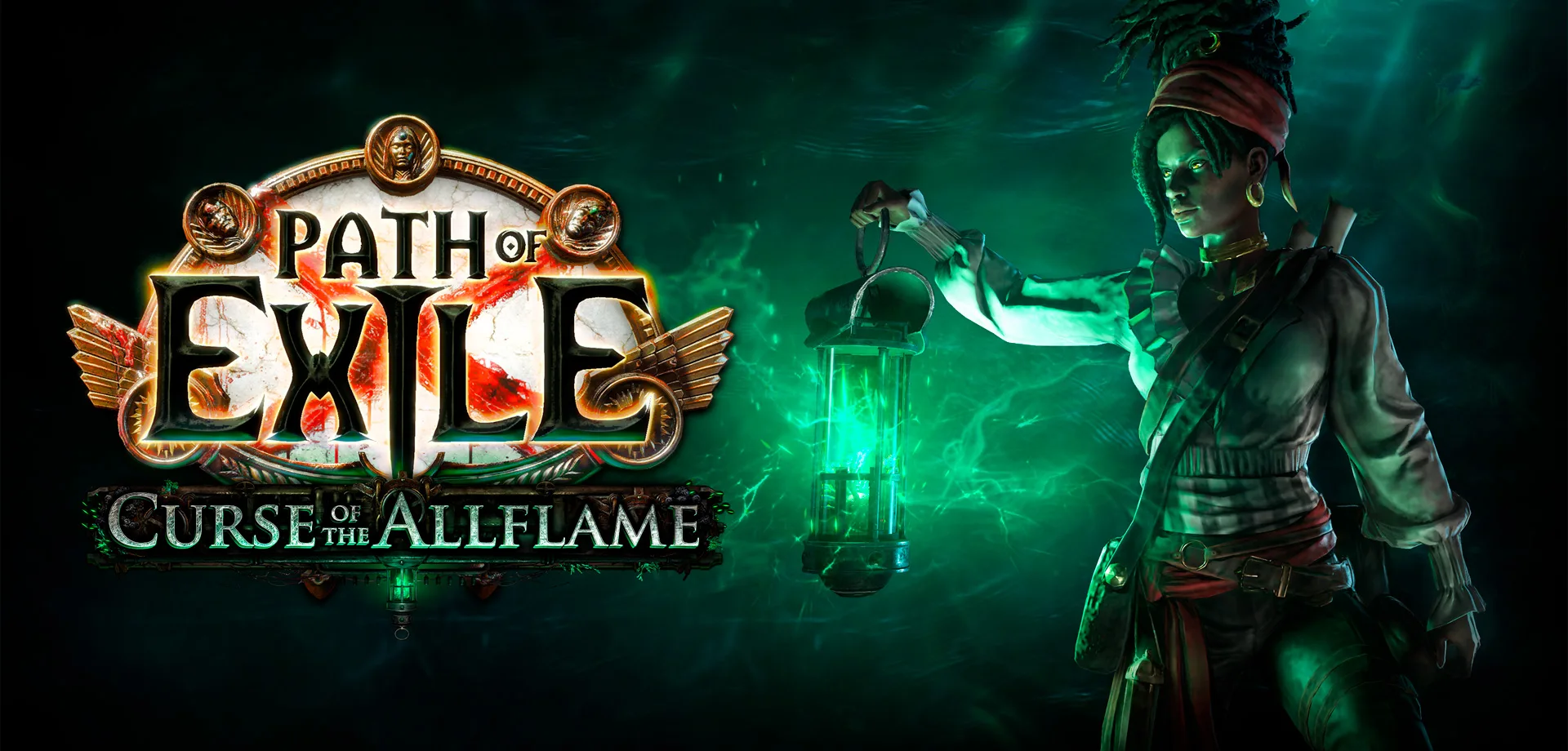 Path of Exile: Curse of the Allflame com logo e personagem Valerie em fundo preto e verde oceânico.