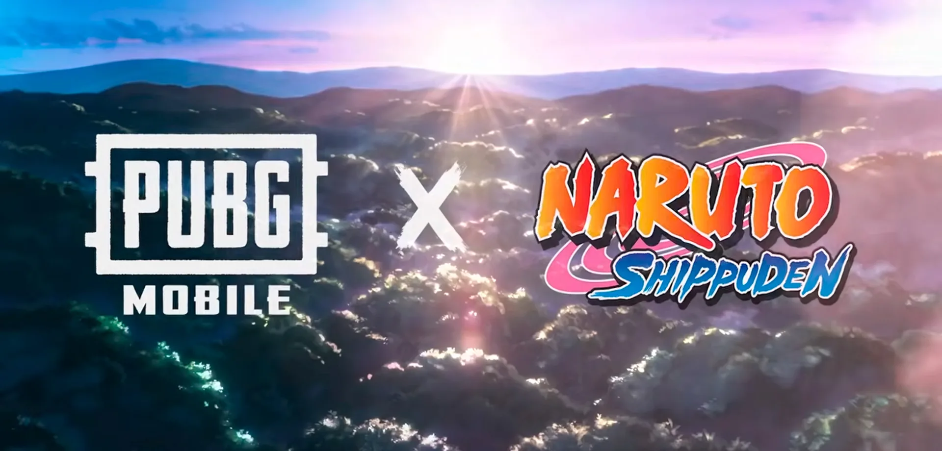 Tela de PUBG Mobile e Naruto Shippuden com fundo montanhoso e sol nascente.