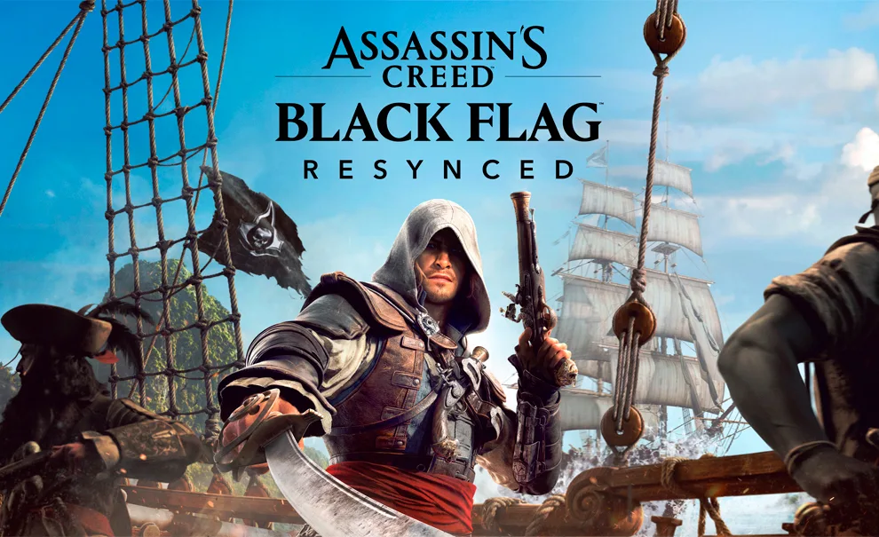 Edward Kenway e outros piratas em barco e de dia em Assassin's Creed Black Flag Resynced.