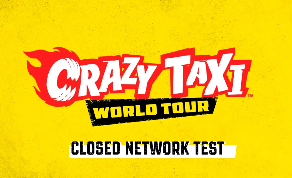 Logo de Crazy Taxi: World Tour do Teste de Rede Fechado com fundo amarelo.