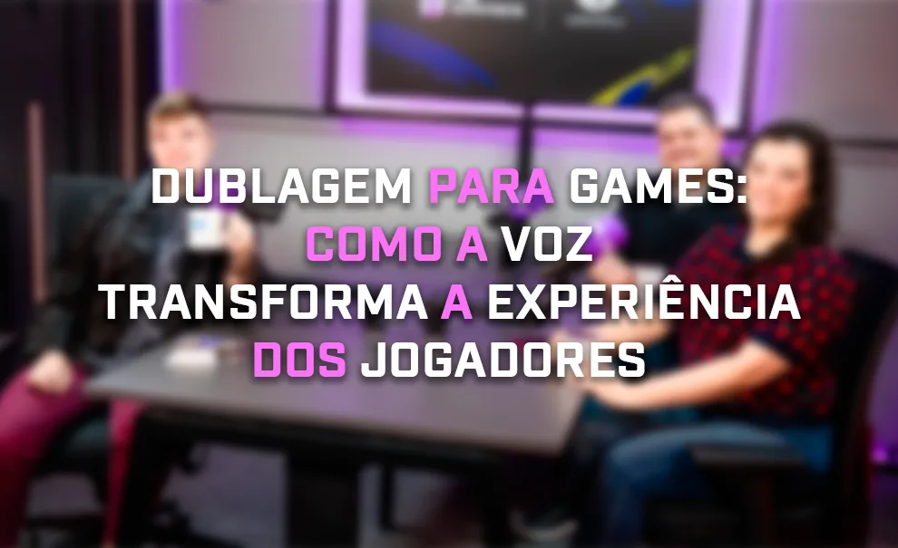 Foto Desfocada com Alice Monstrinho, André Vailati e Lucila Bach em estúdio do Podcast ND Games com título: "Dublagem para games: como a voz transforma a experiência dos jogadores".