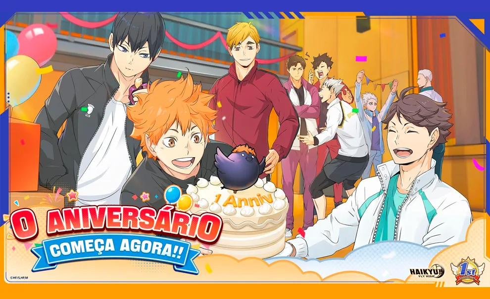 HAIKYU!! FLY HIGH em imagem de aniversário de 1 ano com jogadores e bolo.