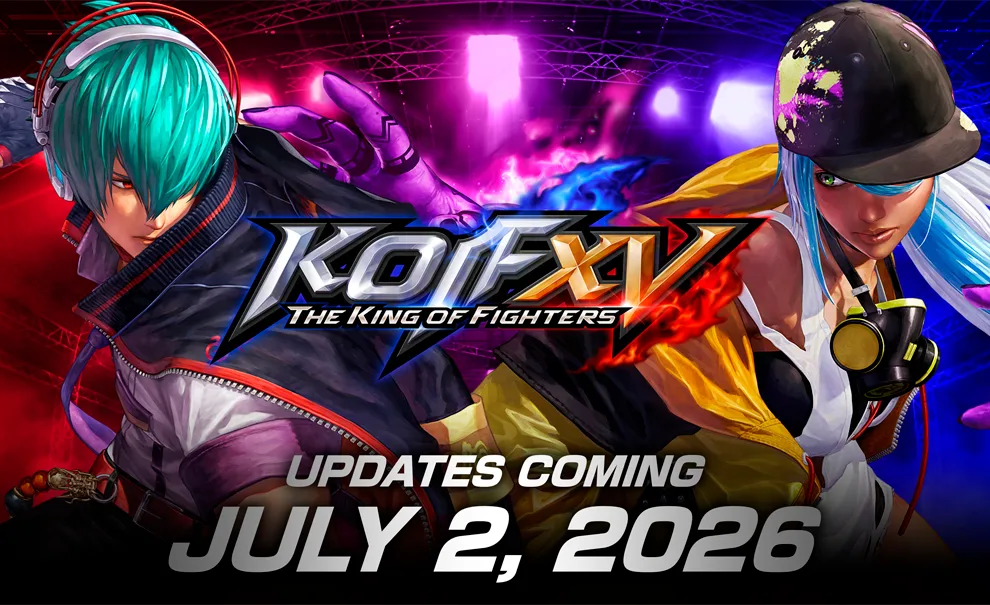 THE KING OF FIGHTERS XV com Shun'ei e Isla atrás da logo do jogo.
