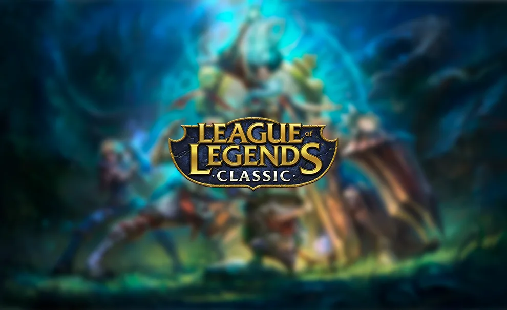 League of Legends Classic com imagem de vários personagens antigos e a logo do jogo.