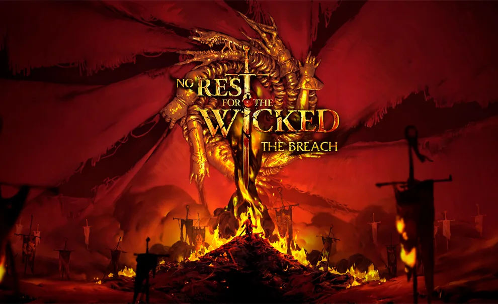 Logo de No Rest for the Wicked com local cheio de estandartes e coloração vermelha, além de fogo.