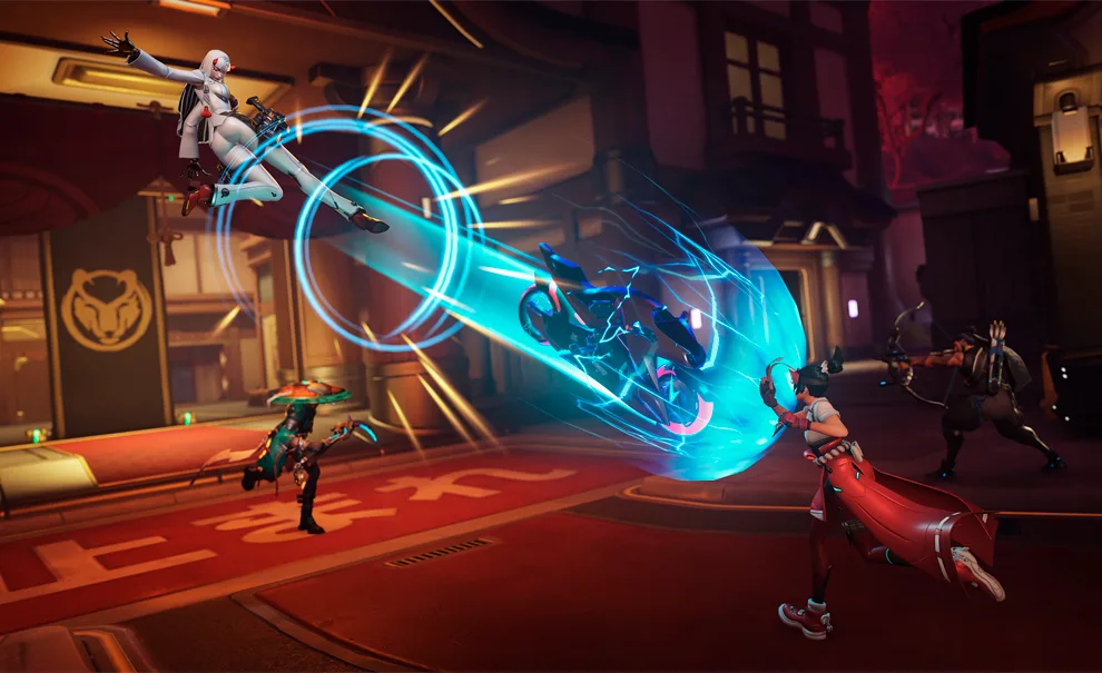 Overwatch Temporada 3 com imagem de Shion em Junção Neon lutando com outros personagens.