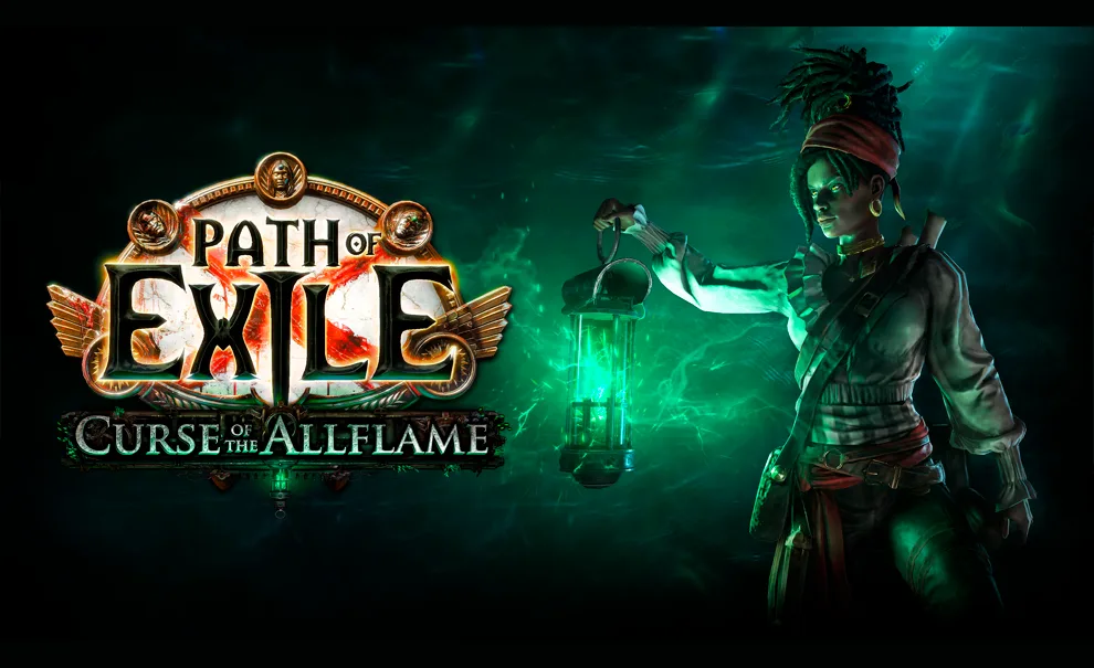 Path of Exile: Curse of the Allflame com logo e personagem Valerie em fundo preto e verde oceânico.