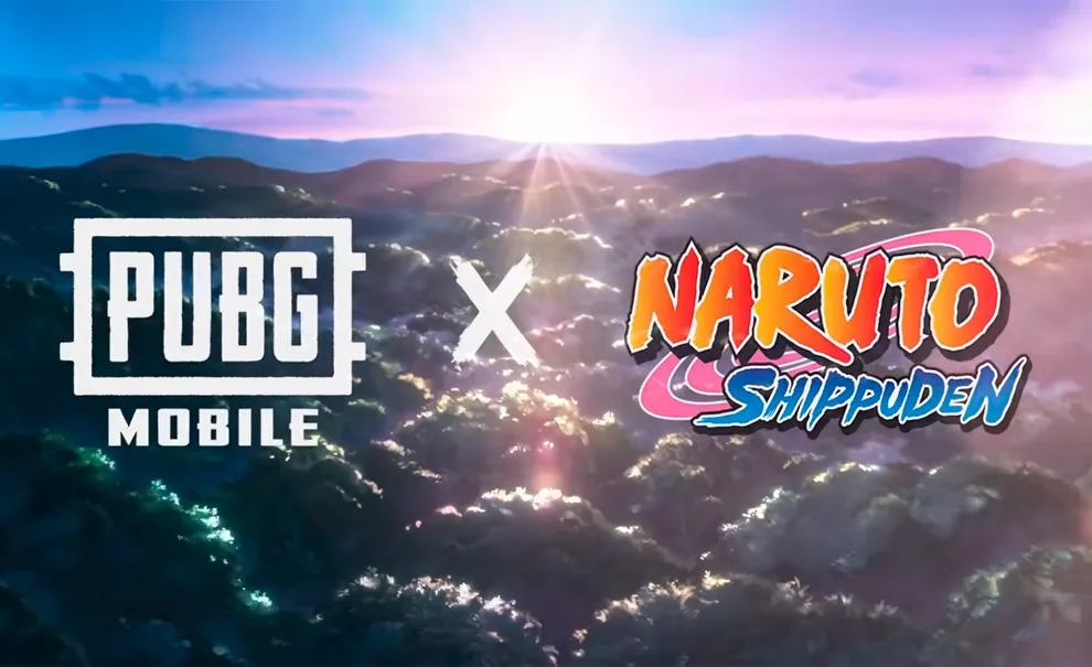 Tela de PUBG Mobile e Naruto Shippuden com fundo montanhoso e sol nascente.