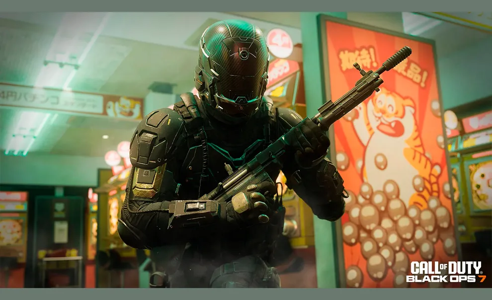Temporada 5 Black Ops 7 com Operador em loja iluminada.