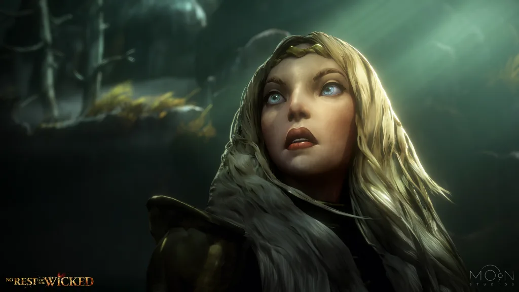 Personagem Seline de No Rest for the Wicked olhando para o horizonte.