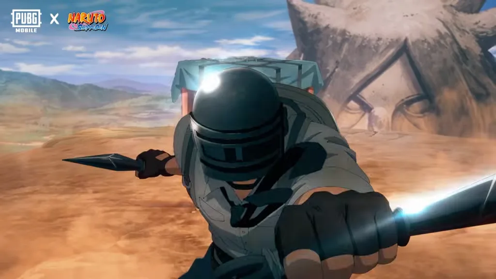 Personagem de PUBG Mobile com Kunais indo em direção a tela.