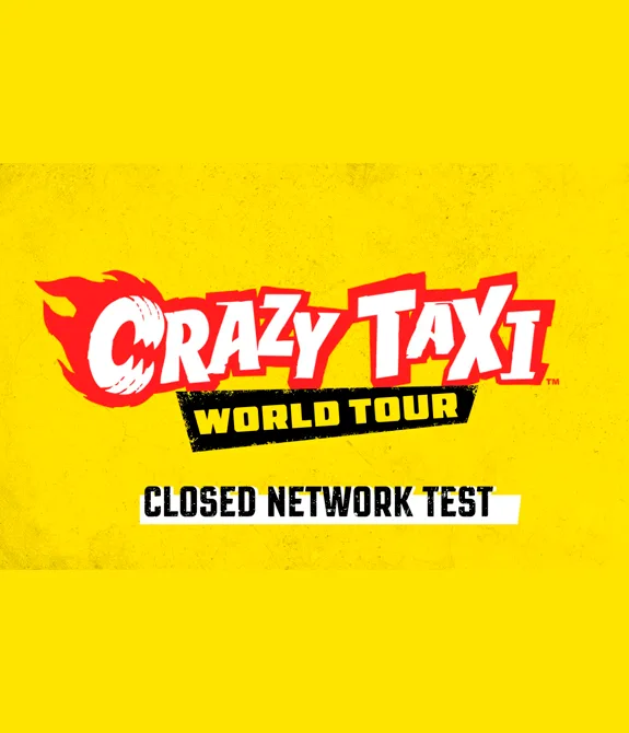 Logo de Crazy Taxi: World Tour do Teste de Rede Fechado com fundo amarelo.