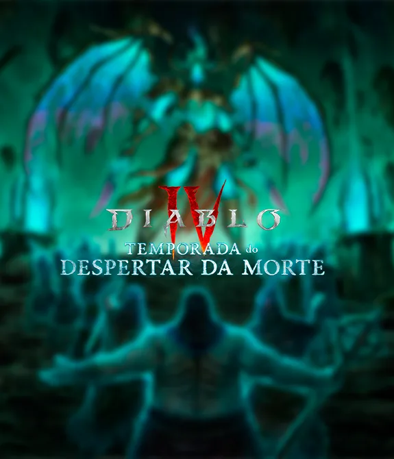 Imagem borrada do novo chefe e novos inimigos e à frente logo de Diablo IV Temporada do Despertar da Morte.