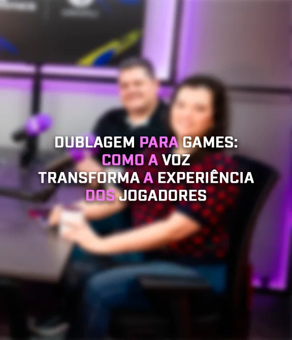 Foto Desfocada com Alice Monstrinho, André Vailati e Lucila Bach em estúdio do Podcast ND Games com título: "Dublagem para games: como a voz transforma a experiência dos jogadores".
