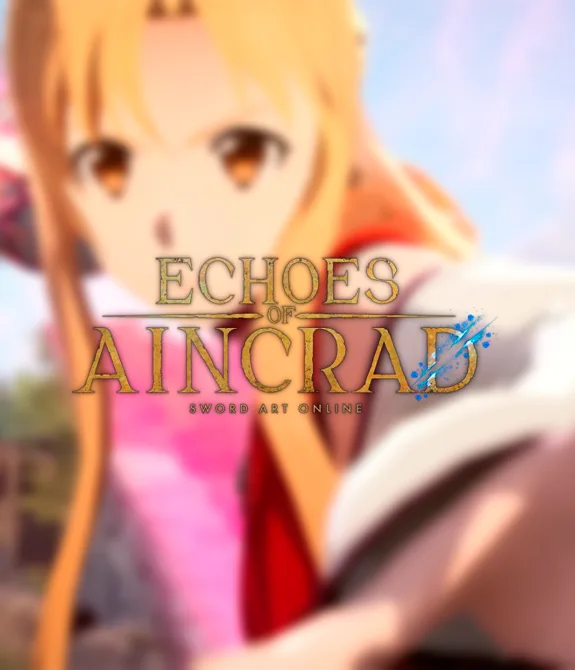 Capa com logo de Echoes of Aincrad e fundo borrado de personagem mulher em pose de luta com espada.