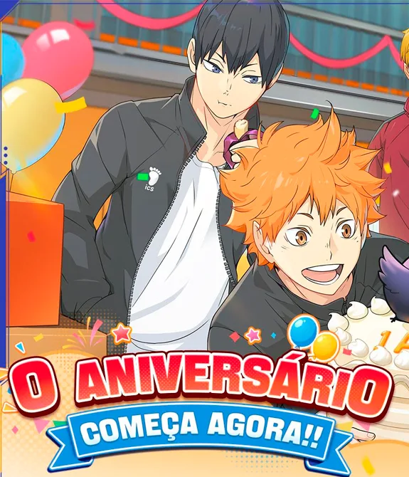 HAIKYU!! FLY HIGH em imagem de aniversário de 1 ano com jogadores e bolo.
