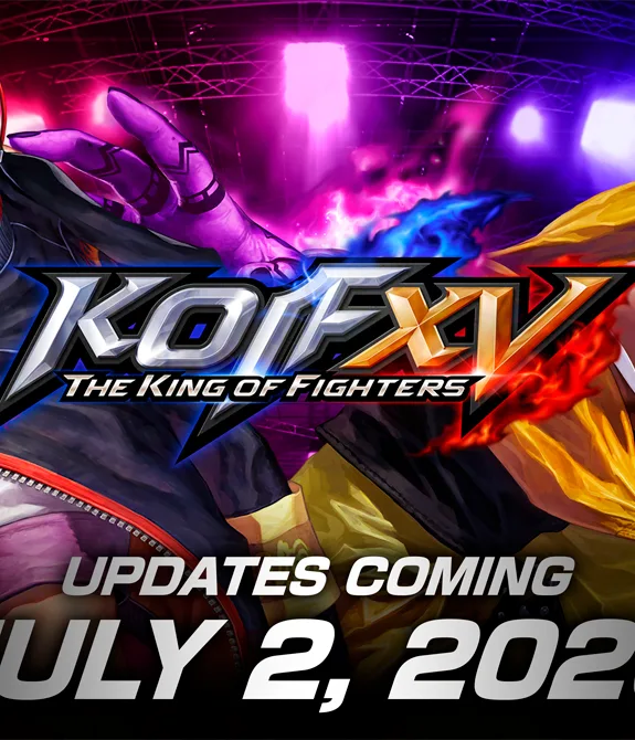 THE KING OF FIGHTERS XV com Shun'ei e Isla atrás da logo do jogo.