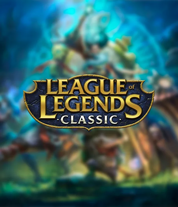 League of Legends Classic com imagem de vários personagens antigos e a logo do jogo.