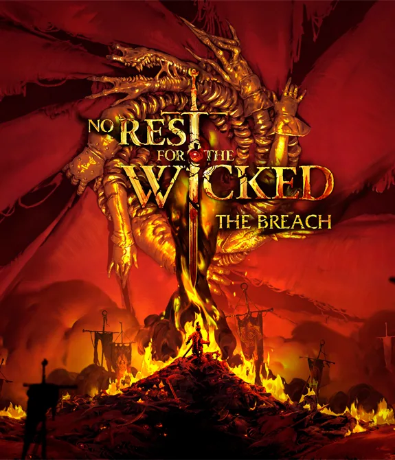 Logo de No Rest for the Wicked com local cheio de estandartes e coloração vermelha, além de fogo.